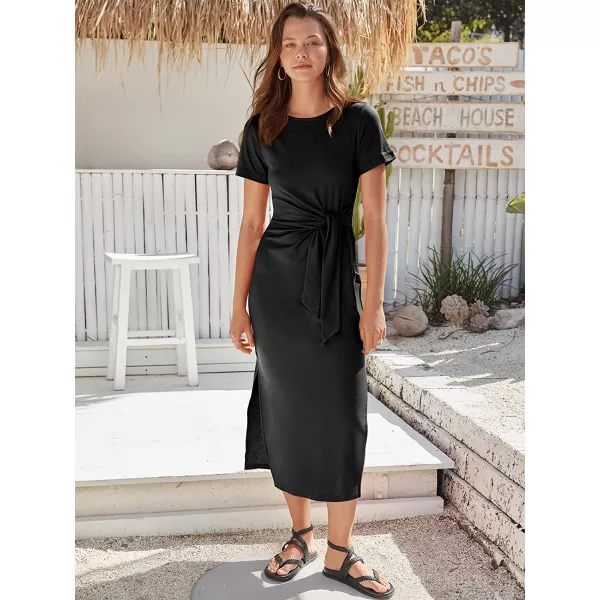 imageANRABESS Womens Summer Short Sleeve Crewneck T Shirt Maxi Dress Tie Waist Casual Slim Fit Slit Beach DressesBlack