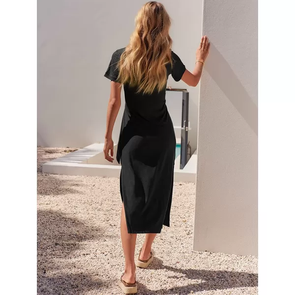 imageANRABESS Womens Summer Short Sleeve Crewneck T Shirt Maxi Dress Tie Waist Casual Slim Fit Slit Beach DressesBlack