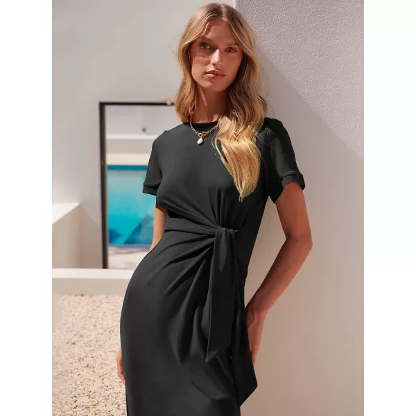 imageANRABESS Womens Summer Short Sleeve Crewneck T Shirt Maxi Dress Tie Waist Casual Slim Fit Slit Beach DressesBlack