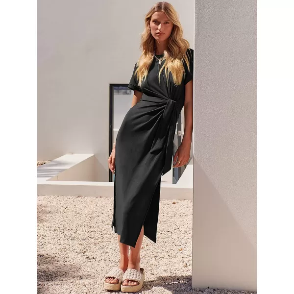 imageANRABESS Womens Summer Short Sleeve Crewneck T Shirt Maxi Dress Tie Waist Casual Slim Fit Slit Beach DressesBlack