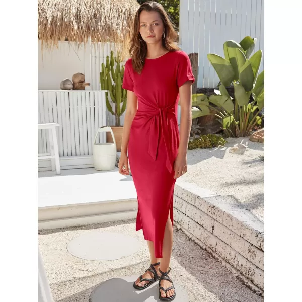imageANRABESS Womens Summer Short Sleeve Crewneck T Shirt Maxi Dress Tie Waist Casual Slim Fit Slit Beach DressesBurgundy