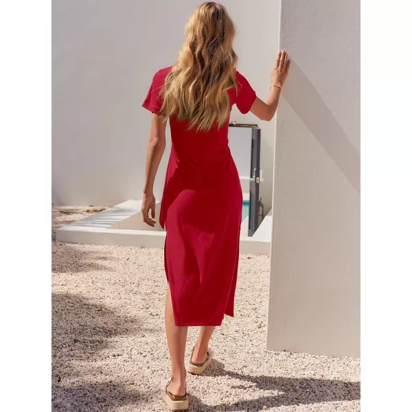 imageANRABESS Womens Summer Short Sleeve Crewneck T Shirt Maxi Dress Tie Waist Casual Slim Fit Slit Beach DressesBurgundy