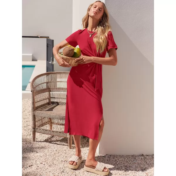 imageANRABESS Womens Summer Short Sleeve Crewneck T Shirt Maxi Dress Tie Waist Casual Slim Fit Slit Beach DressesBurgundy