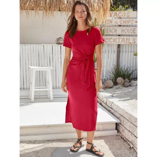 imageANRABESS Womens Summer Short Sleeve Crewneck T Shirt Maxi Dress Tie Waist Casual Slim Fit Slit Beach DressesBurgundy