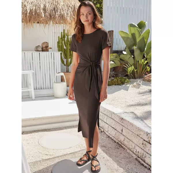 imageANRABESS Womens Summer Short Sleeve Crewneck T Shirt Maxi Dress Tie Waist Casual Slim Fit Slit Beach DressesCoffee