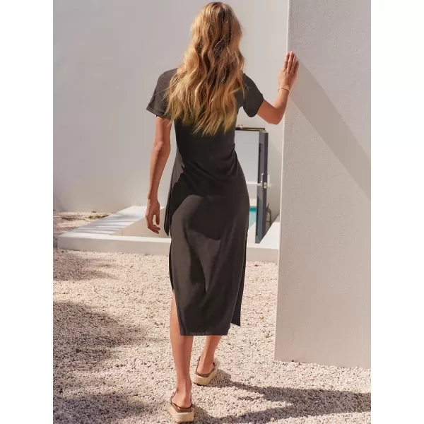 imageANRABESS Womens Summer Short Sleeve Crewneck T Shirt Maxi Dress Tie Waist Casual Slim Fit Slit Beach DressesCoffee