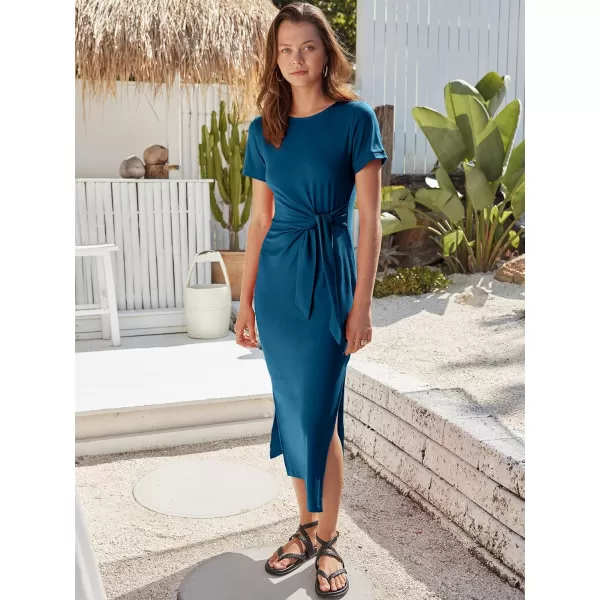 imageANRABESS Womens Summer Short Sleeve Crewneck T Shirt Maxi Dress Tie Waist Casual Slim Fit Slit Beach DressesCyan