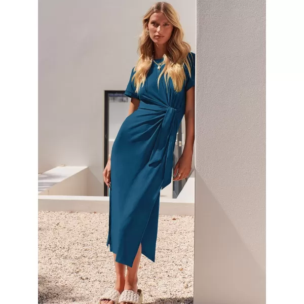 imageANRABESS Womens Summer Short Sleeve Crewneck T Shirt Maxi Dress Tie Waist Casual Slim Fit Slit Beach DressesCyan