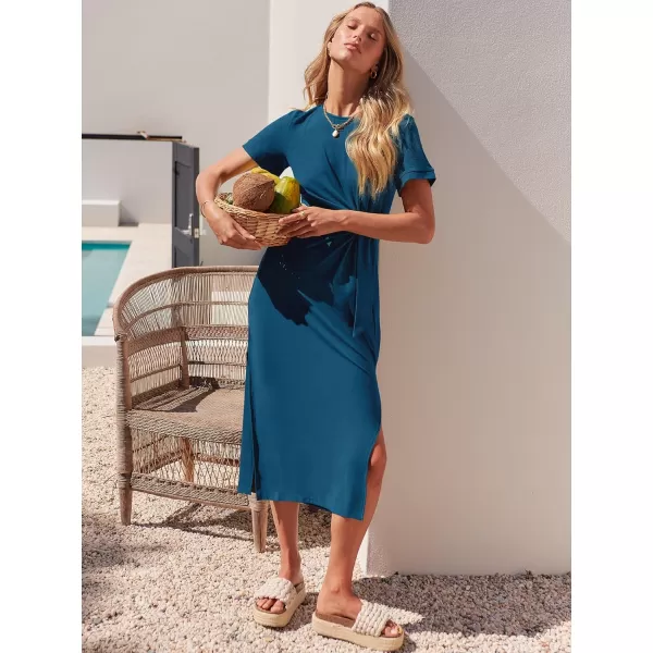 imageANRABESS Womens Summer Short Sleeve Crewneck T Shirt Maxi Dress Tie Waist Casual Slim Fit Slit Beach DressesCyan