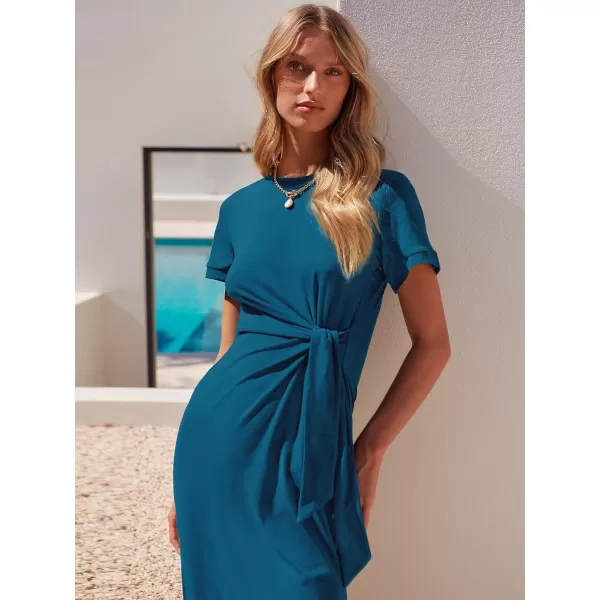 imageANRABESS Womens Summer Short Sleeve Crewneck T Shirt Maxi Dress Tie Waist Casual Slim Fit Slit Beach DressesCyan