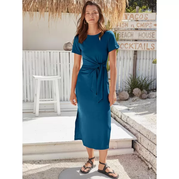 imageANRABESS Womens Summer Short Sleeve Crewneck T Shirt Maxi Dress Tie Waist Casual Slim Fit Slit Beach DressesCyan