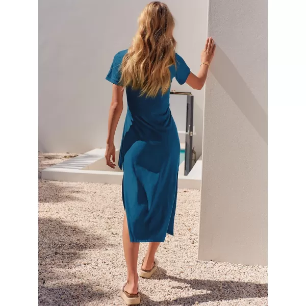 imageANRABESS Womens Summer Short Sleeve Crewneck T Shirt Maxi Dress Tie Waist Casual Slim Fit Slit Beach DressesCyan