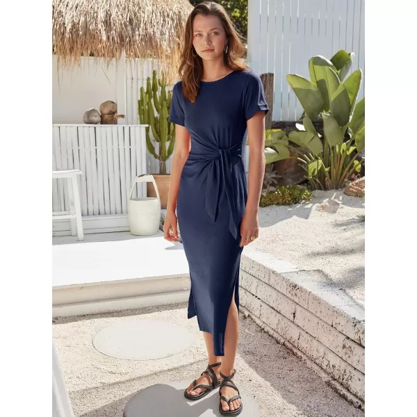 imageANRABESS Womens Summer Short Sleeve Crewneck T Shirt Maxi Dress Tie Waist Casual Slim Fit Slit Beach DressesDeep Blue