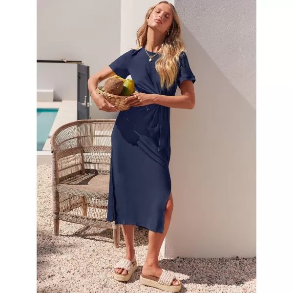 imageANRABESS Womens Summer Short Sleeve Crewneck T Shirt Maxi Dress Tie Waist Casual Slim Fit Slit Beach DressesDeep Blue