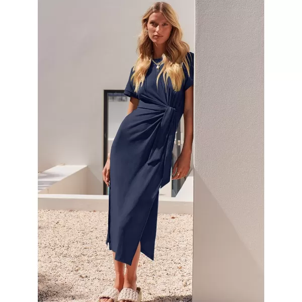 imageANRABESS Womens Summer Short Sleeve Crewneck T Shirt Maxi Dress Tie Waist Casual Slim Fit Slit Beach DressesDeep Blue