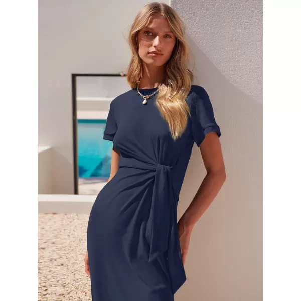 imageANRABESS Womens Summer Short Sleeve Crewneck T Shirt Maxi Dress Tie Waist Casual Slim Fit Slit Beach DressesDeep Blue