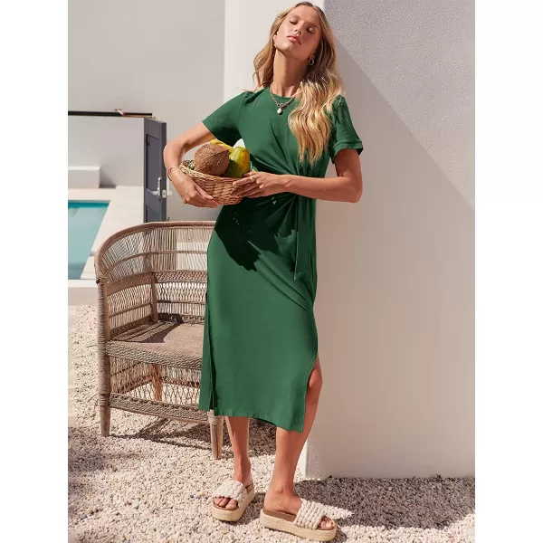 imageANRABESS Womens Summer Short Sleeve Crewneck T Shirt Maxi Dress Tie Waist Casual Slim Fit Slit Beach DressesDeep Green