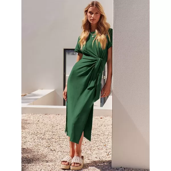 imageANRABESS Womens Summer Short Sleeve Crewneck T Shirt Maxi Dress Tie Waist Casual Slim Fit Slit Beach DressesDeep Green