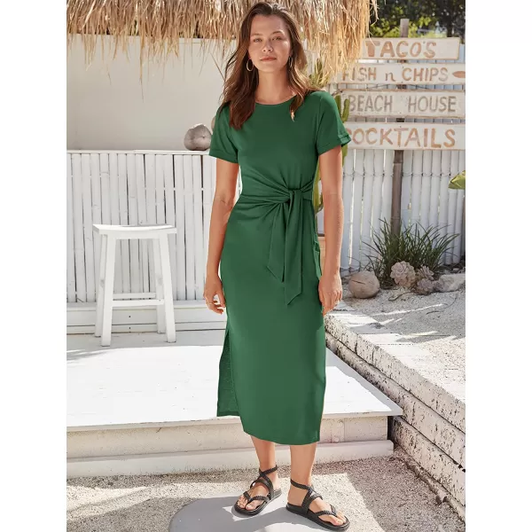 imageANRABESS Womens Summer Short Sleeve Crewneck T Shirt Maxi Dress Tie Waist Casual Slim Fit Slit Beach DressesDeep Green