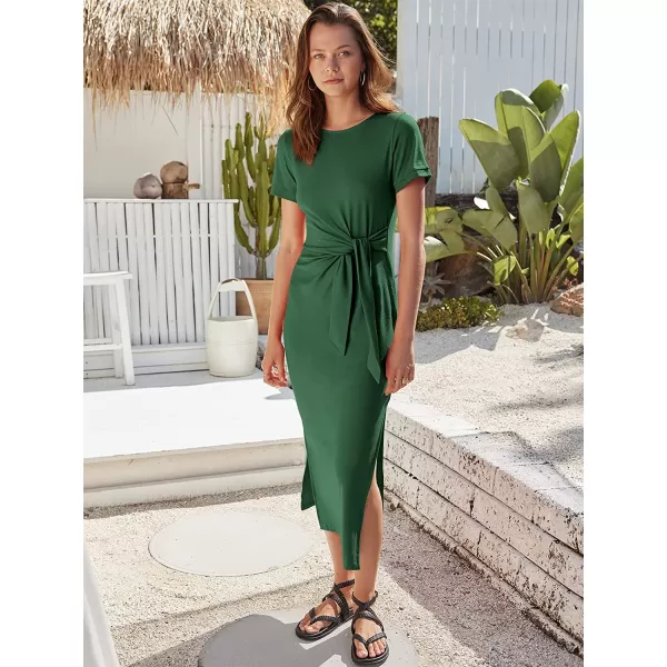 imageANRABESS Womens Summer Short Sleeve Crewneck T Shirt Maxi Dress Tie Waist Casual Slim Fit Slit Beach DressesDeep Green