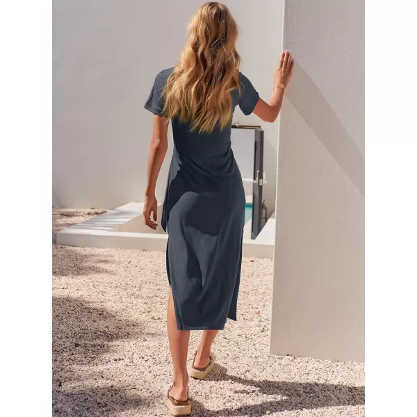 imageANRABESS Womens Summer Short Sleeve Crewneck T Shirt Maxi Dress Tie Waist Casual Slim Fit Slit Beach DressesGray Green