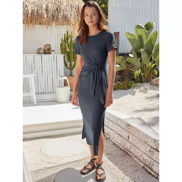 imageANRABESS Womens Summer Short Sleeve Crewneck T Shirt Maxi Dress Tie Waist Casual Slim Fit Slit Beach DressesGray Green