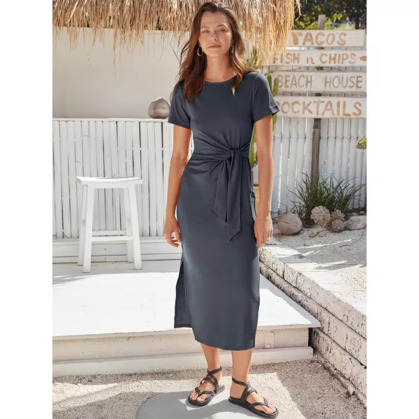 imageANRABESS Womens Summer Short Sleeve Crewneck T Shirt Maxi Dress Tie Waist Casual Slim Fit Slit Beach DressesGray Green