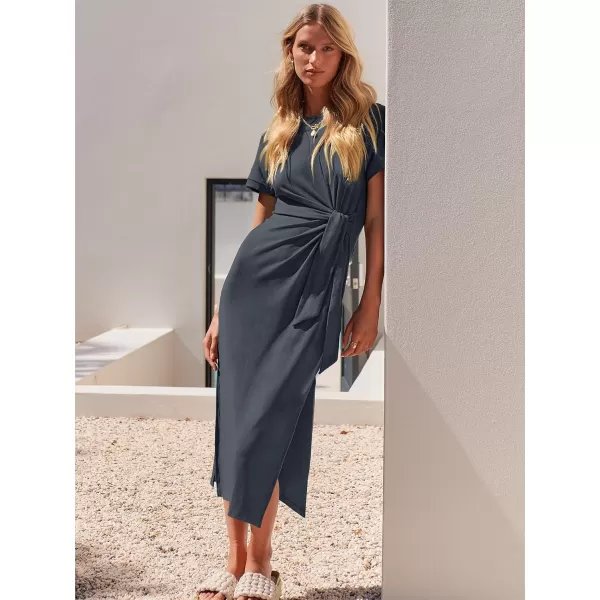 imageANRABESS Womens Summer Short Sleeve Crewneck T Shirt Maxi Dress Tie Waist Casual Slim Fit Slit Beach DressesGray Green