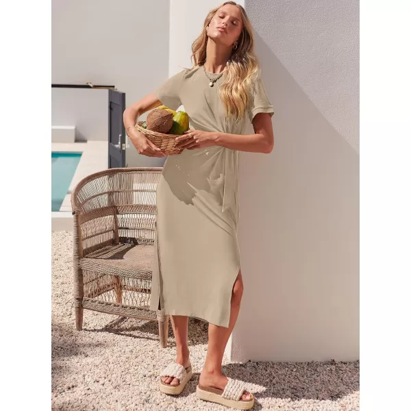 imageANRABESS Womens Summer Short Sleeve Crewneck T Shirt Maxi Dress Tie Waist Casual Slim Fit Slit Beach DressesKhaki