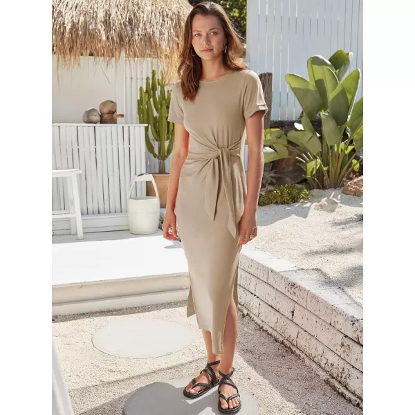 imageANRABESS Womens Summer Short Sleeve Crewneck T Shirt Maxi Dress Tie Waist Casual Slim Fit Slit Beach DressesKhaki