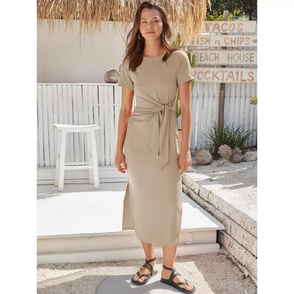 imageANRABESS Womens Summer Short Sleeve Crewneck T Shirt Maxi Dress Tie Waist Casual Slim Fit Slit Beach DressesKhaki