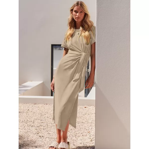 imageANRABESS Womens Summer Short Sleeve Crewneck T Shirt Maxi Dress Tie Waist Casual Slim Fit Slit Beach DressesKhaki