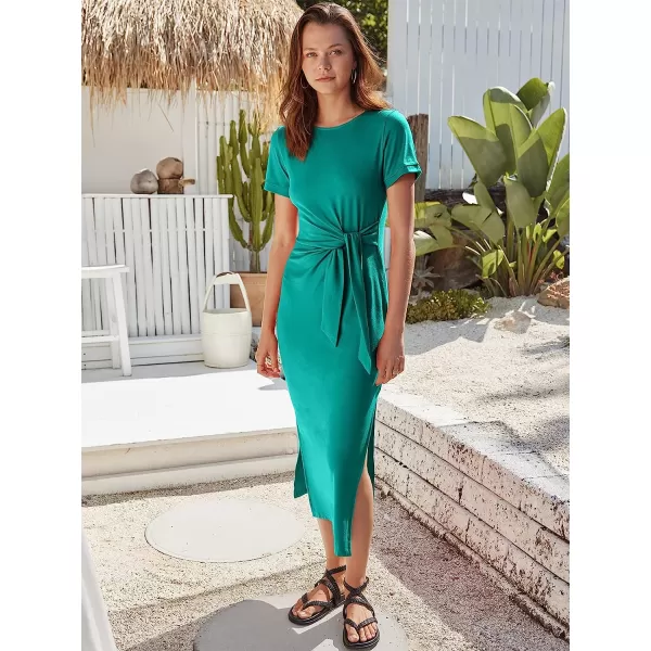 imageANRABESS Womens Summer Short Sleeve Crewneck T Shirt Maxi Dress Tie Waist Casual Slim Fit Slit Beach DressesLake