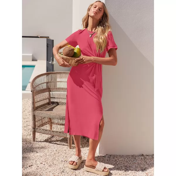 imageANRABESS Womens Summer Short Sleeve Crewneck T Shirt Maxi Dress Tie Waist Casual Slim Fit Slit Beach DressesLight Red