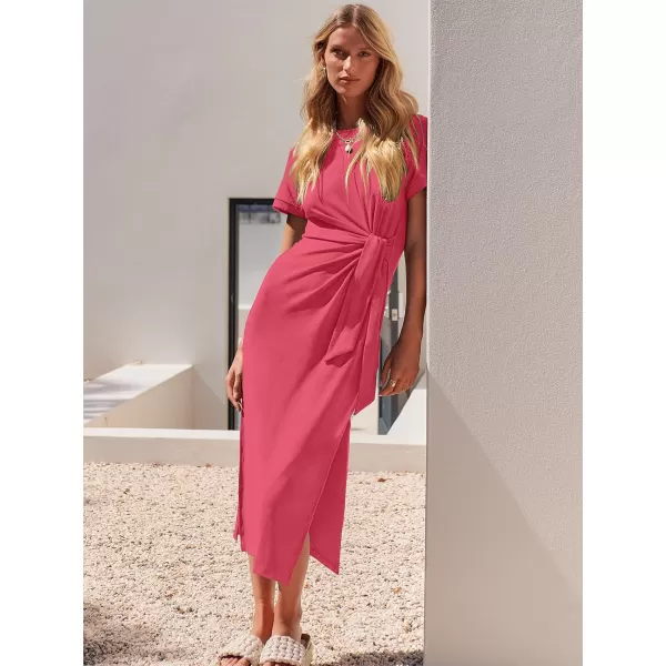 imageANRABESS Womens Summer Short Sleeve Crewneck T Shirt Maxi Dress Tie Waist Casual Slim Fit Slit Beach DressesLight Red