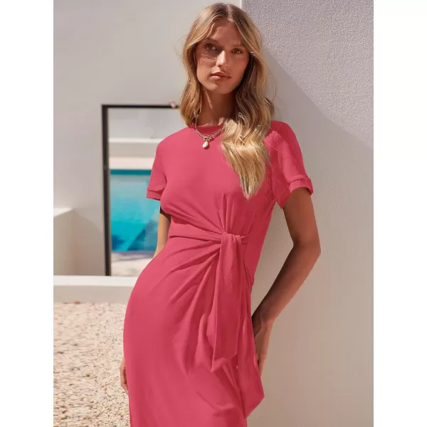 imageANRABESS Womens Summer Short Sleeve Crewneck T Shirt Maxi Dress Tie Waist Casual Slim Fit Slit Beach DressesLight Red