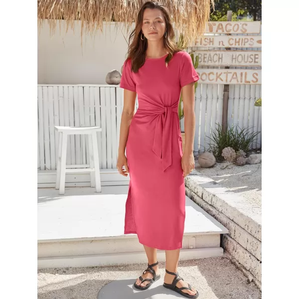 imageANRABESS Womens Summer Short Sleeve Crewneck T Shirt Maxi Dress Tie Waist Casual Slim Fit Slit Beach DressesLight Red