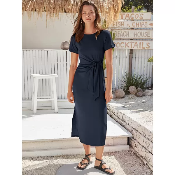 imageANRABESS Womens Summer Short Sleeve Crewneck T Shirt Maxi Dress Tie Waist Casual Slim Fit Slit Beach DressesNavy Blue