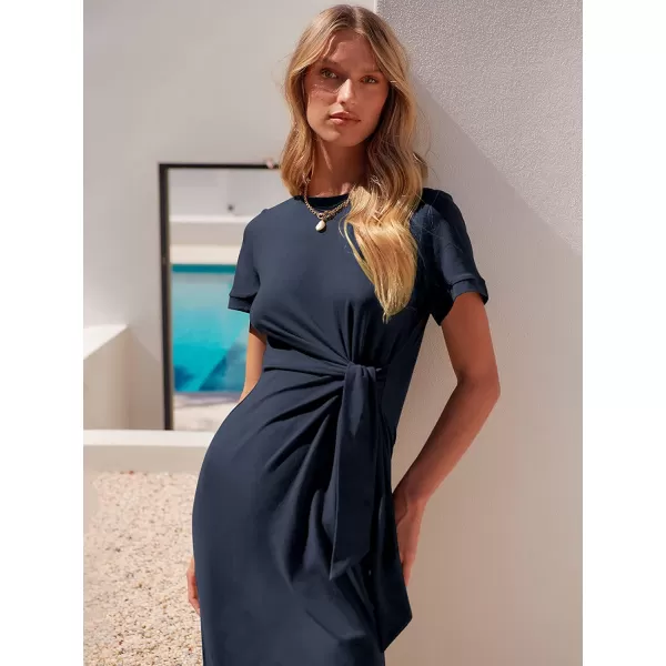 imageANRABESS Womens Summer Short Sleeve Crewneck T Shirt Maxi Dress Tie Waist Casual Slim Fit Slit Beach DressesNavy Blue