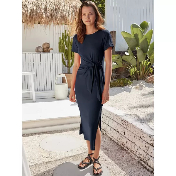imageANRABESS Womens Summer Short Sleeve Crewneck T Shirt Maxi Dress Tie Waist Casual Slim Fit Slit Beach DressesNavy Blue