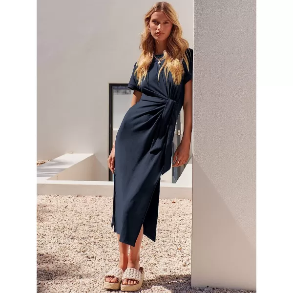 imageANRABESS Womens Summer Short Sleeve Crewneck T Shirt Maxi Dress Tie Waist Casual Slim Fit Slit Beach DressesNavy Blue