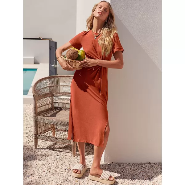 imageANRABESS Womens Summer Short Sleeve Crewneck T Shirt Maxi Dress Tie Waist Casual Slim Fit Slit Beach DressesOrange Rust