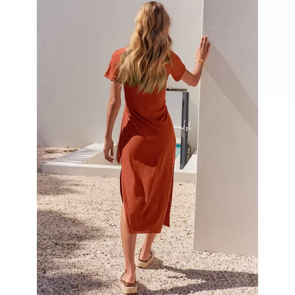 imageANRABESS Womens Summer Short Sleeve Crewneck T Shirt Maxi Dress Tie Waist Casual Slim Fit Slit Beach DressesOrange Rust