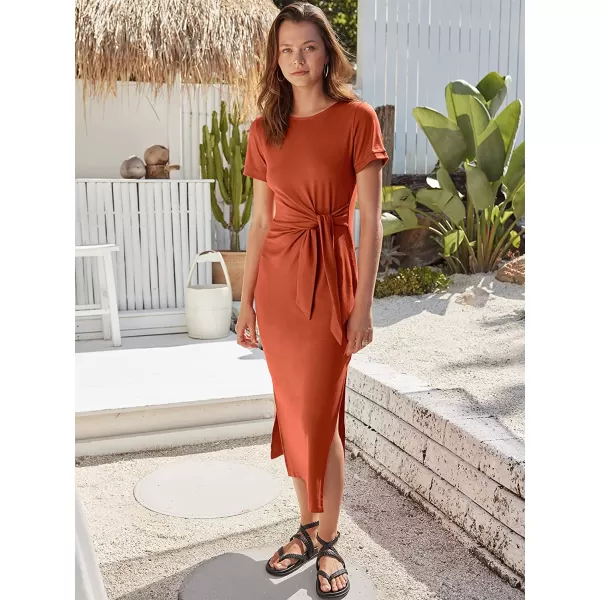 imageANRABESS Womens Summer Short Sleeve Crewneck T Shirt Maxi Dress Tie Waist Casual Slim Fit Slit Beach DressesOrange Rust