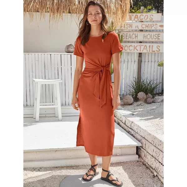 imageANRABESS Womens Summer Short Sleeve Crewneck T Shirt Maxi Dress Tie Waist Casual Slim Fit Slit Beach DressesOrange Rust