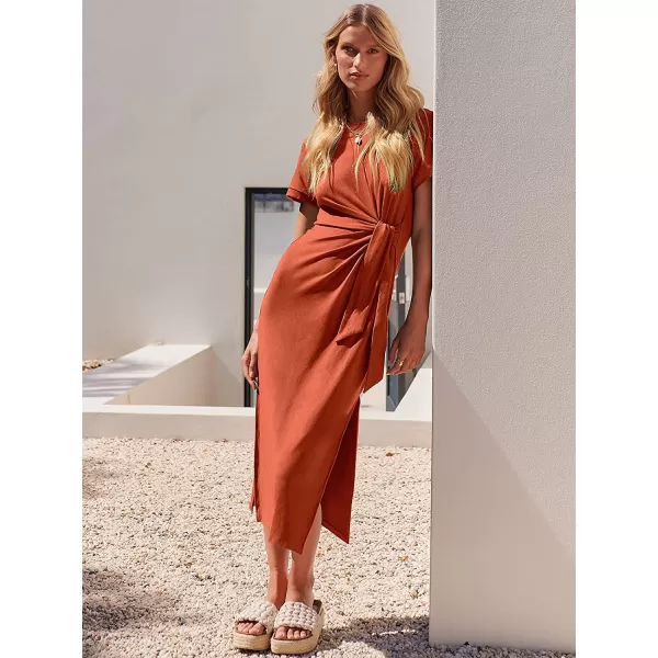 imageANRABESS Womens Summer Short Sleeve Crewneck T Shirt Maxi Dress Tie Waist Casual Slim Fit Slit Beach DressesOrange Rust
