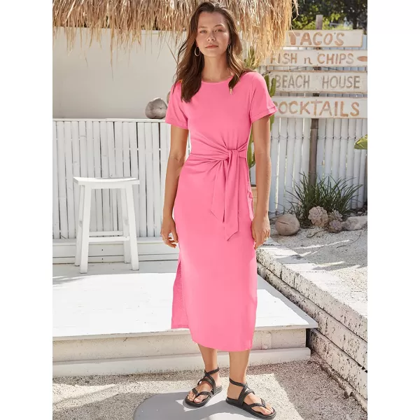imageANRABESS Womens Summer Short Sleeve Crewneck T Shirt Maxi Dress Tie Waist Casual Slim Fit Slit Beach DressesPink