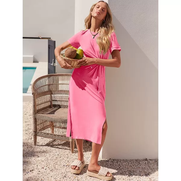 imageANRABESS Womens Summer Short Sleeve Crewneck T Shirt Maxi Dress Tie Waist Casual Slim Fit Slit Beach DressesPink
