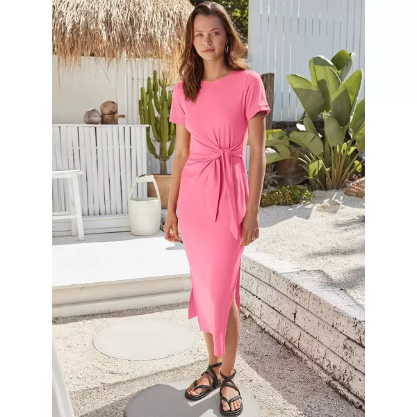 imageANRABESS Womens Summer Short Sleeve Crewneck T Shirt Maxi Dress Tie Waist Casual Slim Fit Slit Beach DressesPink