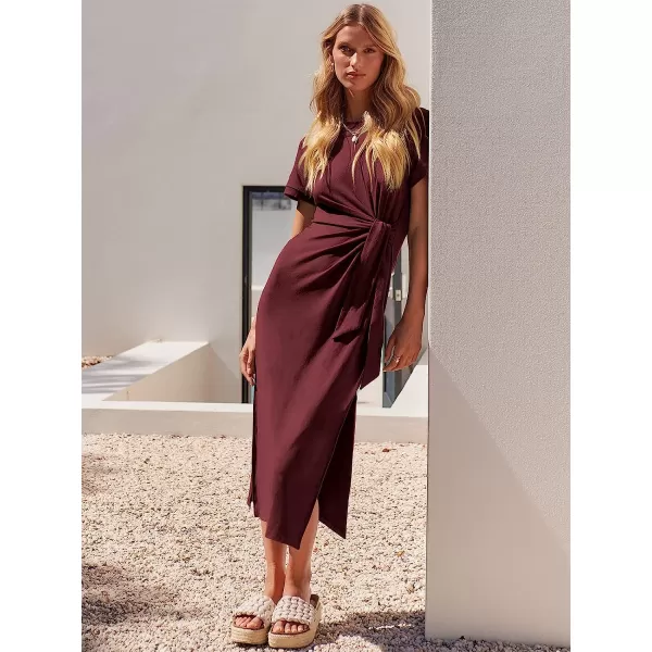 imageANRABESS Womens Summer Short Sleeve Crewneck T Shirt Maxi Dress Tie Waist Casual Slim Fit Slit Beach DressesRed